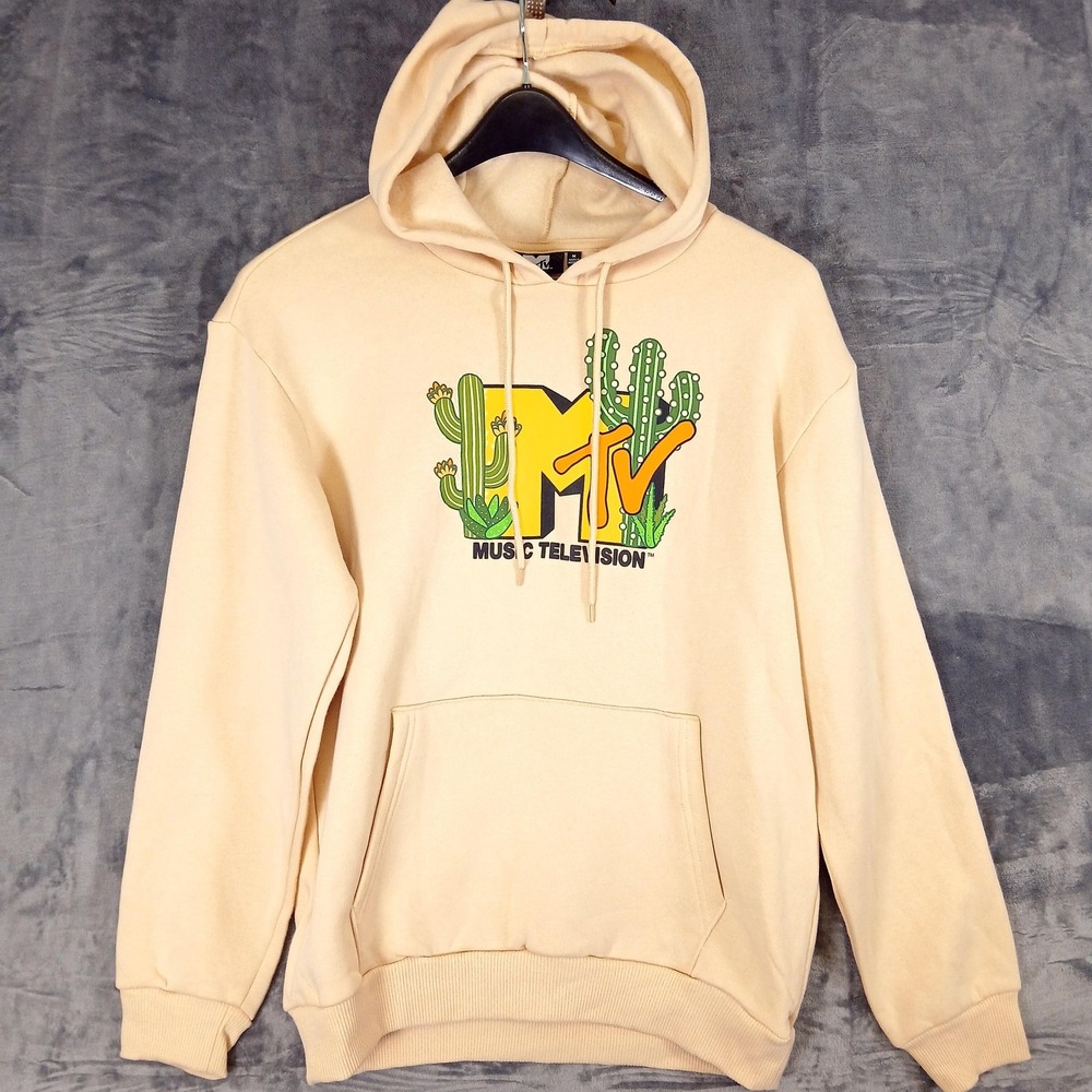 MTV Hoodie Mens Medium Beige Cactus Music Television Graphic Pullover Sweatshirt